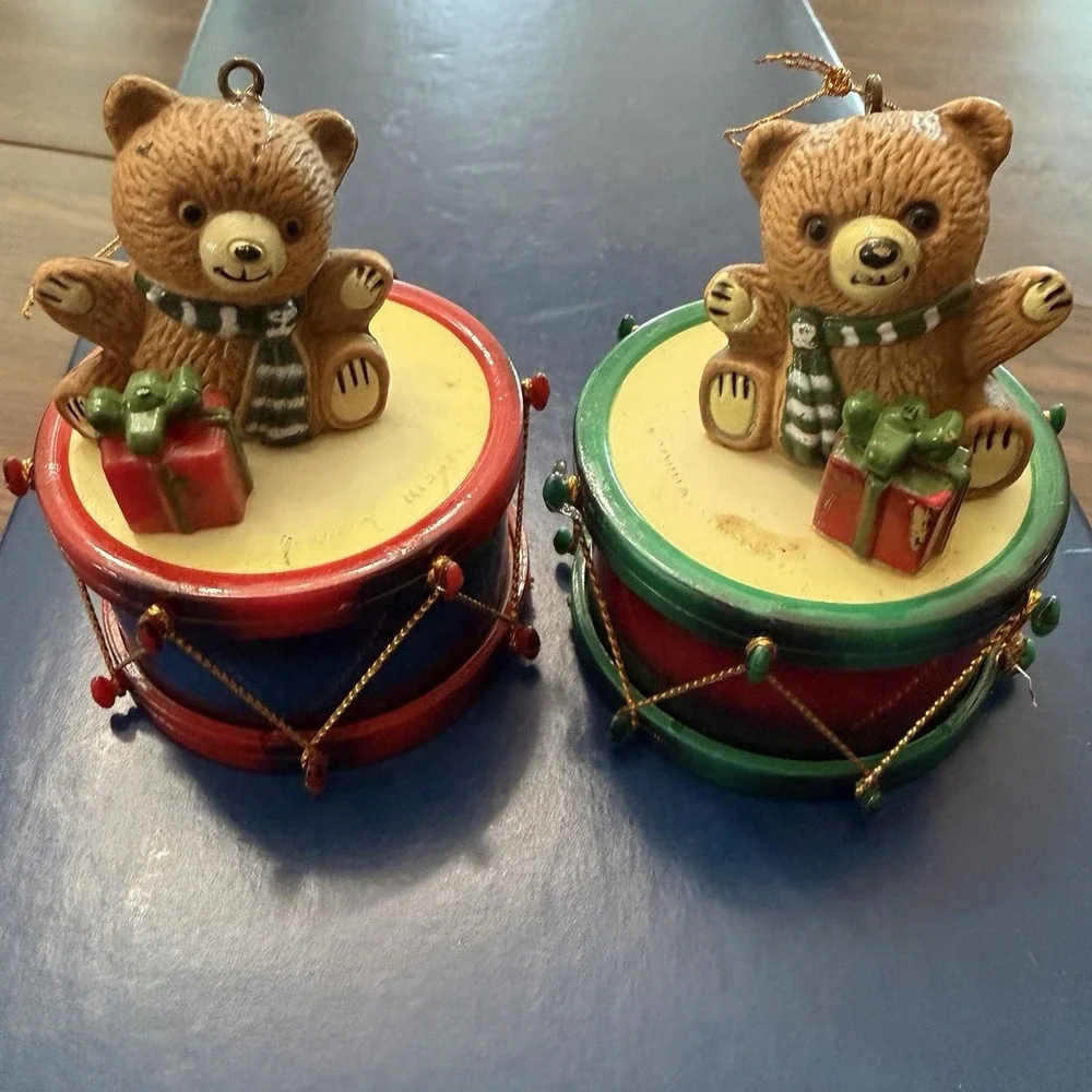 Vintage Teddy Bear Drum Christmas Ornament Set Of 3 Gift Bear Holiday
